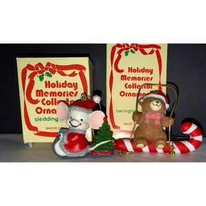 Vintage Holiday Memories Christmas Ornaments Small Red White Mouse Sledding